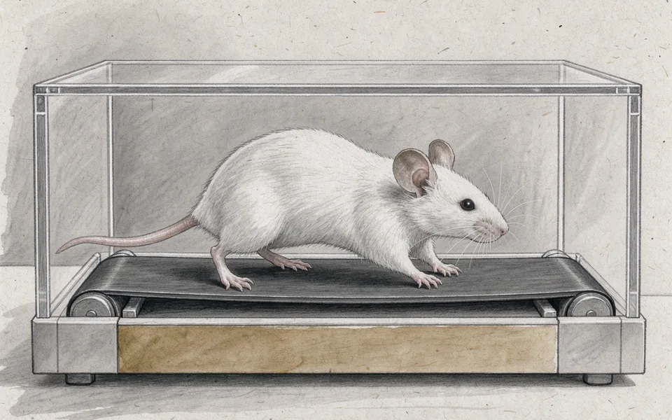 Ink and gouache illustration of a mouse moving on a small laboratory treadmill