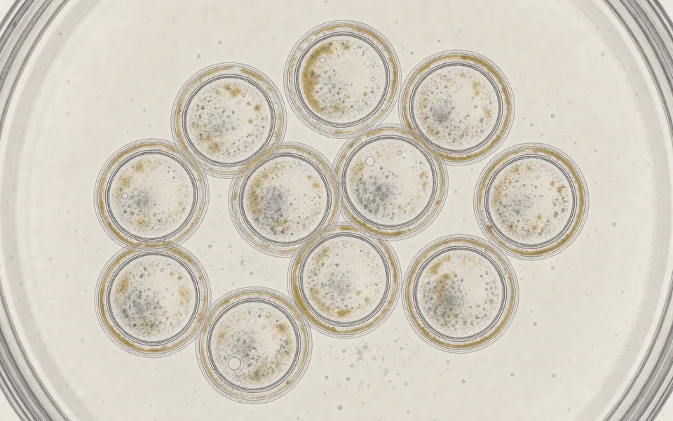 Illustration of round mouse oocytes with translucent boundaries in culture medium