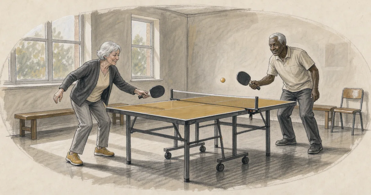 Editorial illustration of two older adults playing table tennis in a bright community hall